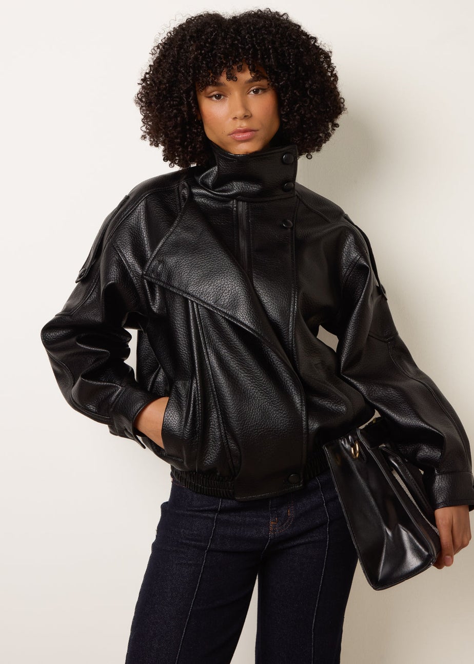 Blue Vanilla Black High Collar Faux Leather Jacket