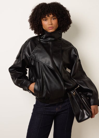 Blue Vanilla Black High Collar Faux Leather Jacket