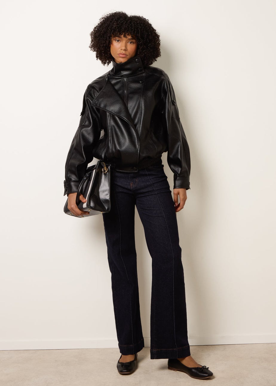 Blue Vanilla Black High Collar Faux Leather Jacket