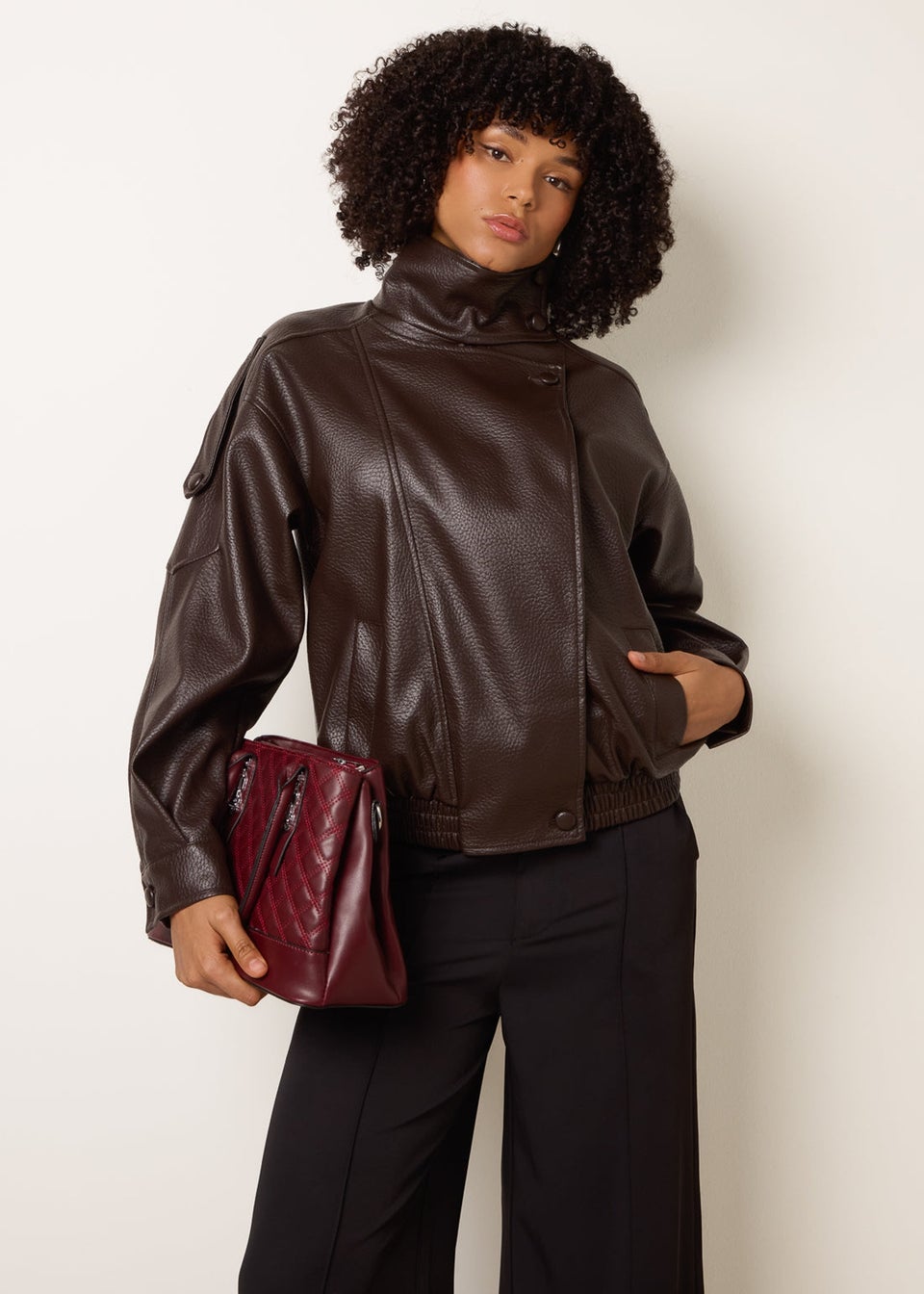 Blue Vanilla Brown High Collar Faux Leather Jacket