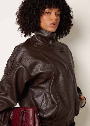 Blue Vanilla Brown High Collar Faux Leather Jacket