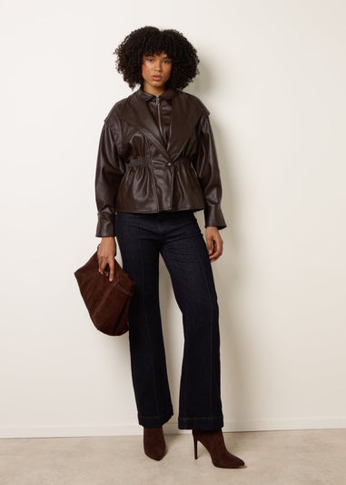 Blue Vanilla Brown Collared Shirred Waist Faux Leather Jacket