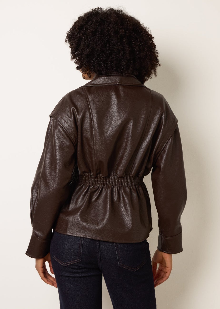 Blue Vanilla Brown Collared Shirred Waist Faux Leather Jacket