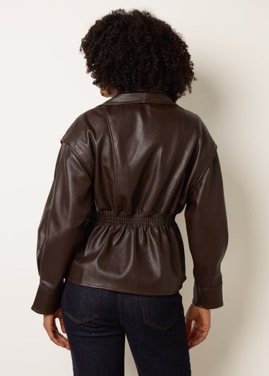 Blue Vanilla Brown Collared Shirred Waist Faux Leather Jacket