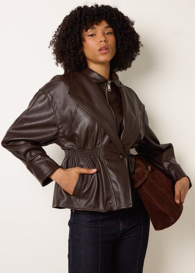 Blue Vanilla Brown Collared Shirred Waist Faux Leather Jacket