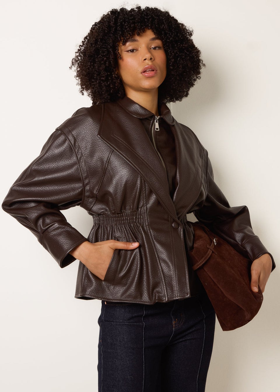 Blue Vanilla Brown Collared Shirred Waist Faux Leather Jacket