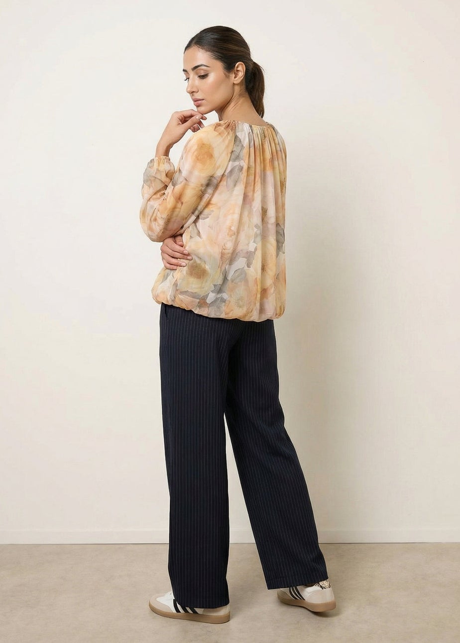 Blue Vanilla Yellow Floral Print Mesh Blouse