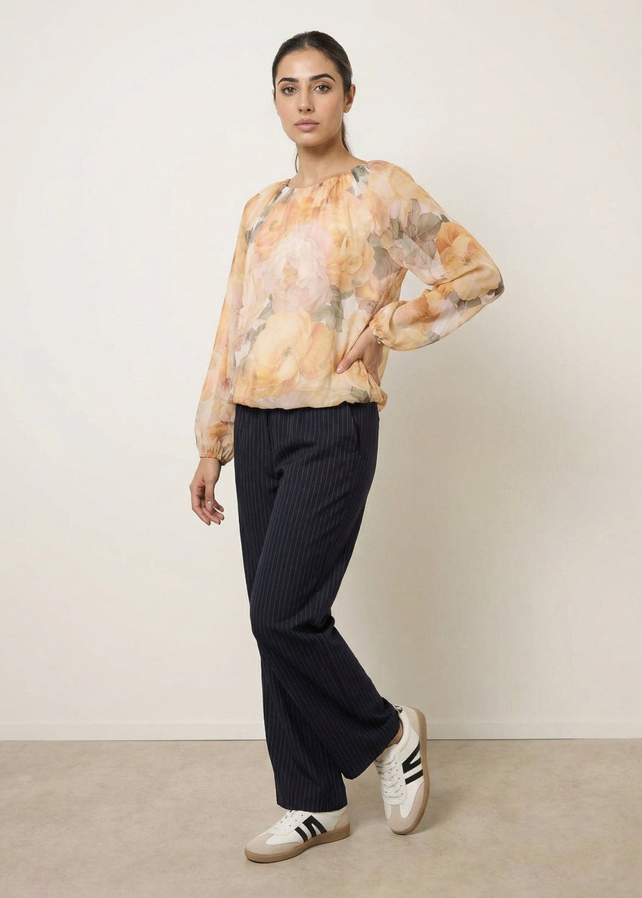 Blue Vanilla Yellow Floral Print Mesh Blouse