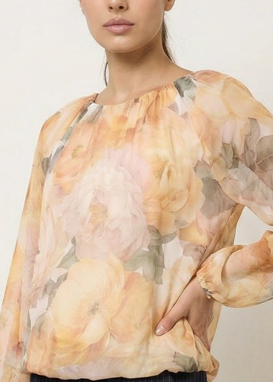 Blue Vanilla Yellow Floral Print Mesh Blouse