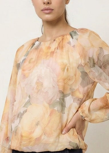 Blue Vanilla Yellow Floral Print Mesh Blouse