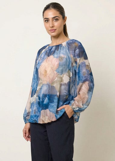 Blue Vanilla Navy Floral Print Mesh Blouse