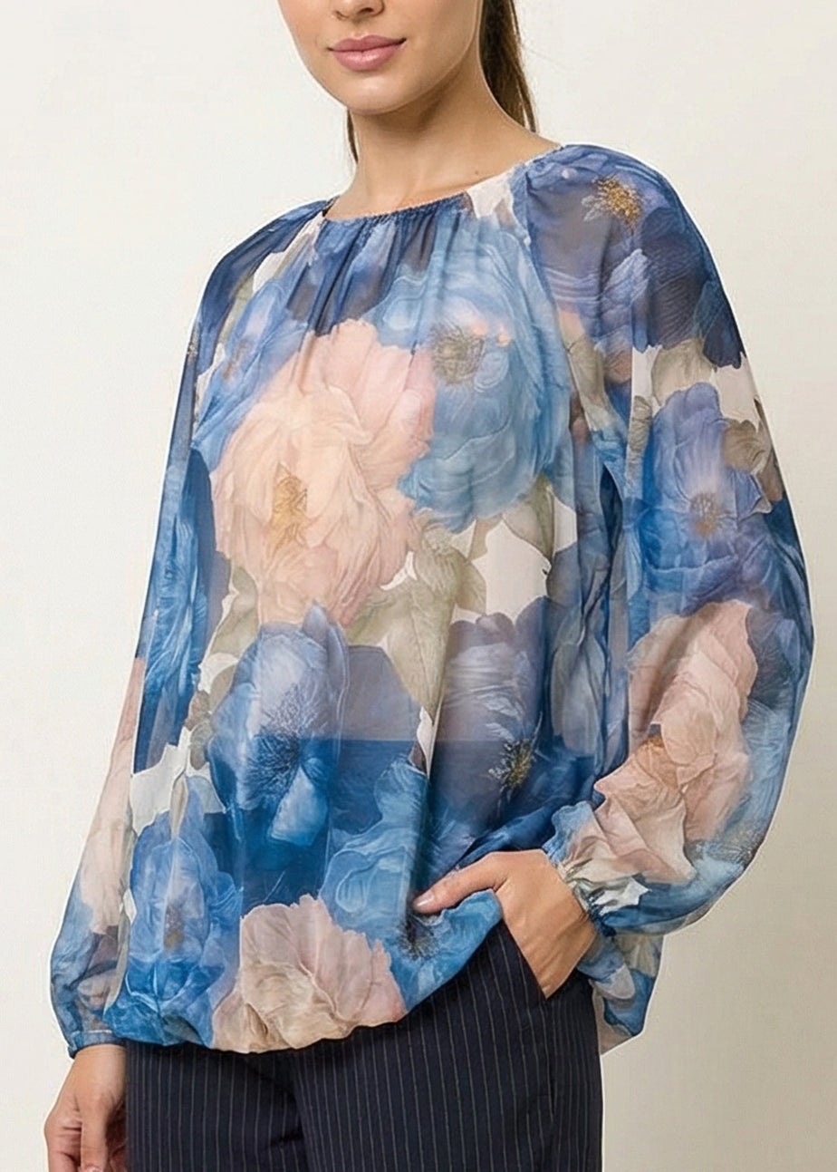 Blue Vanilla Navy Floral Print Mesh Blouse