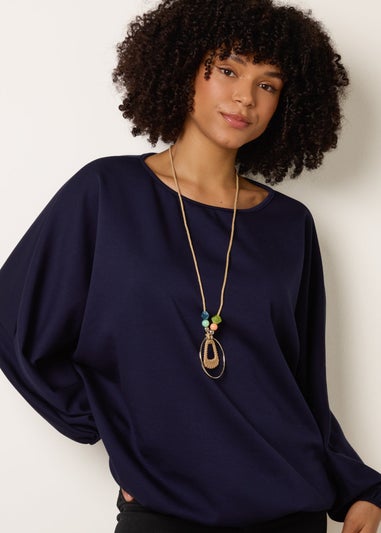 Blue Vanilla Navy Round Neck Elasticated Hem And Sleeve Top