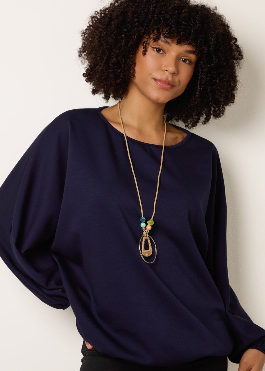 Blue Vanilla Navy Round Neck Elasticated Hem And Sleeve Top