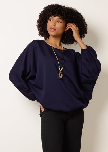 Blue Vanilla Navy Round Neck Elasticated Hem And Sleeve Top