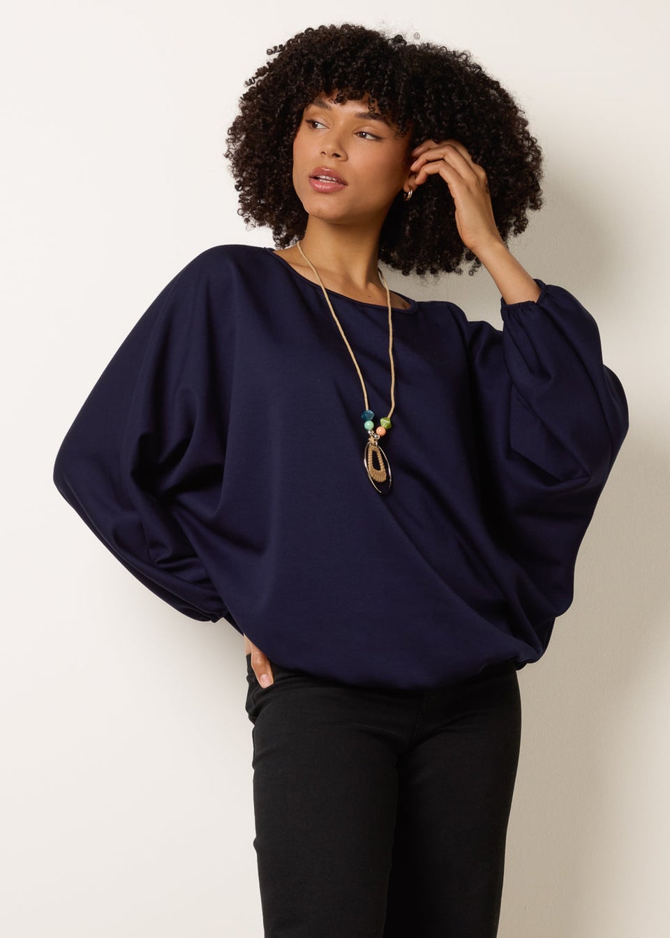 Blue Vanilla Navy Round Neck Elasticated Hem And Sleeve Top