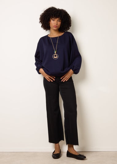 Blue Vanilla Navy Round Neck Elasticated Hem And Sleeve Top