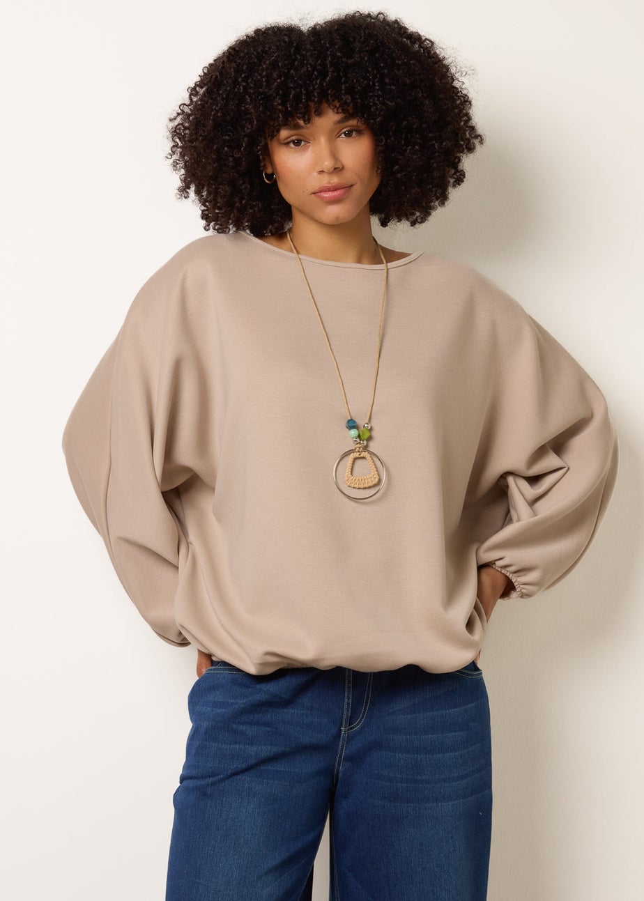 Blue Vanilla Stone Round Neck Elasticated Hem And Sleeve Top