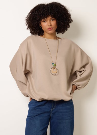 Blue Vanilla Stone Round Neck Elasticated Hem And Sleeve Top