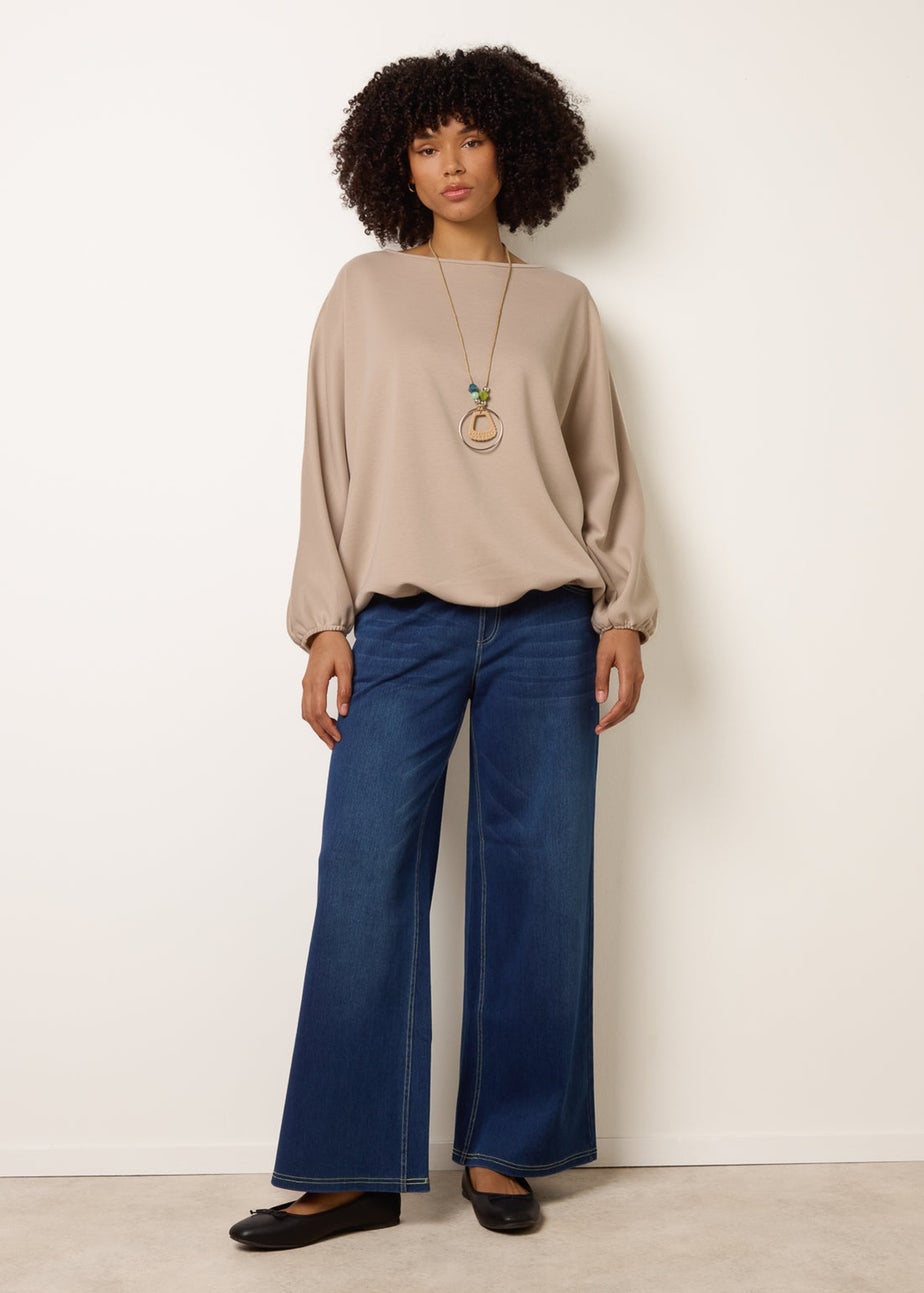 Blue Vanilla Stone Round Neck Elasticated Hem And Sleeve Top