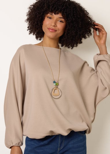 Blue Vanilla Stone Round Neck Elasticated Hem And Sleeve Top