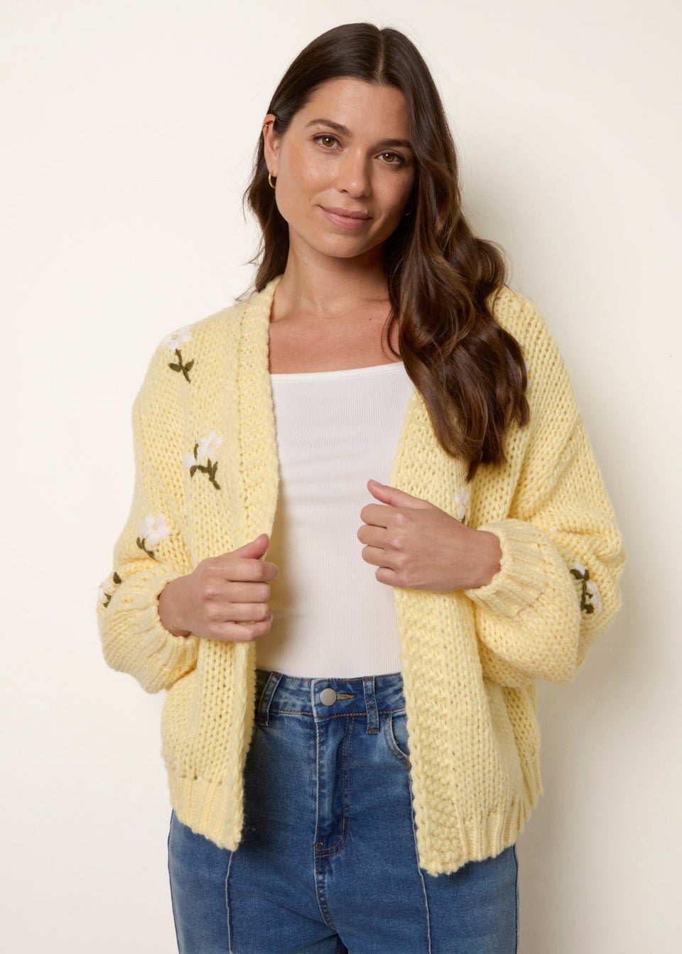 Blue Vanilla Yellow Flower Embroidery Detailed Cardigan