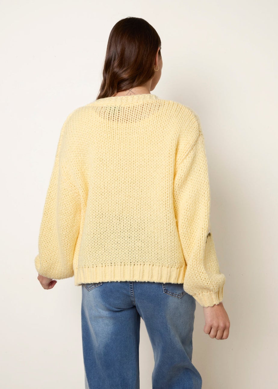 Blue Vanilla Yellow Flower Embroidery Detailed Cardigan