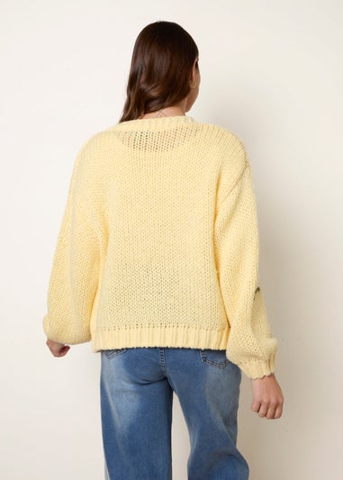 Blue Vanilla Yellow Flower Embroidery Detailed Cardigan