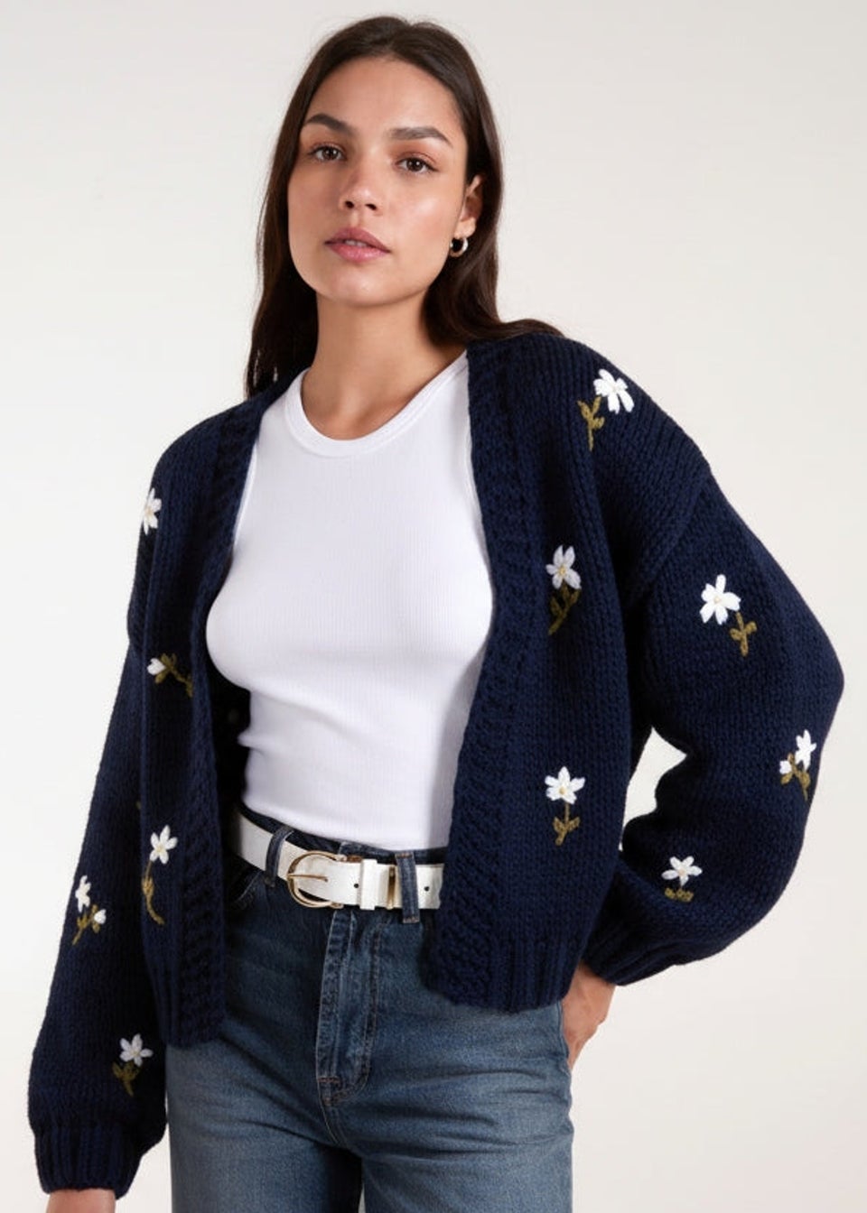 Blue Vanilla Navy Flower Embroidery Detailed Cardigan