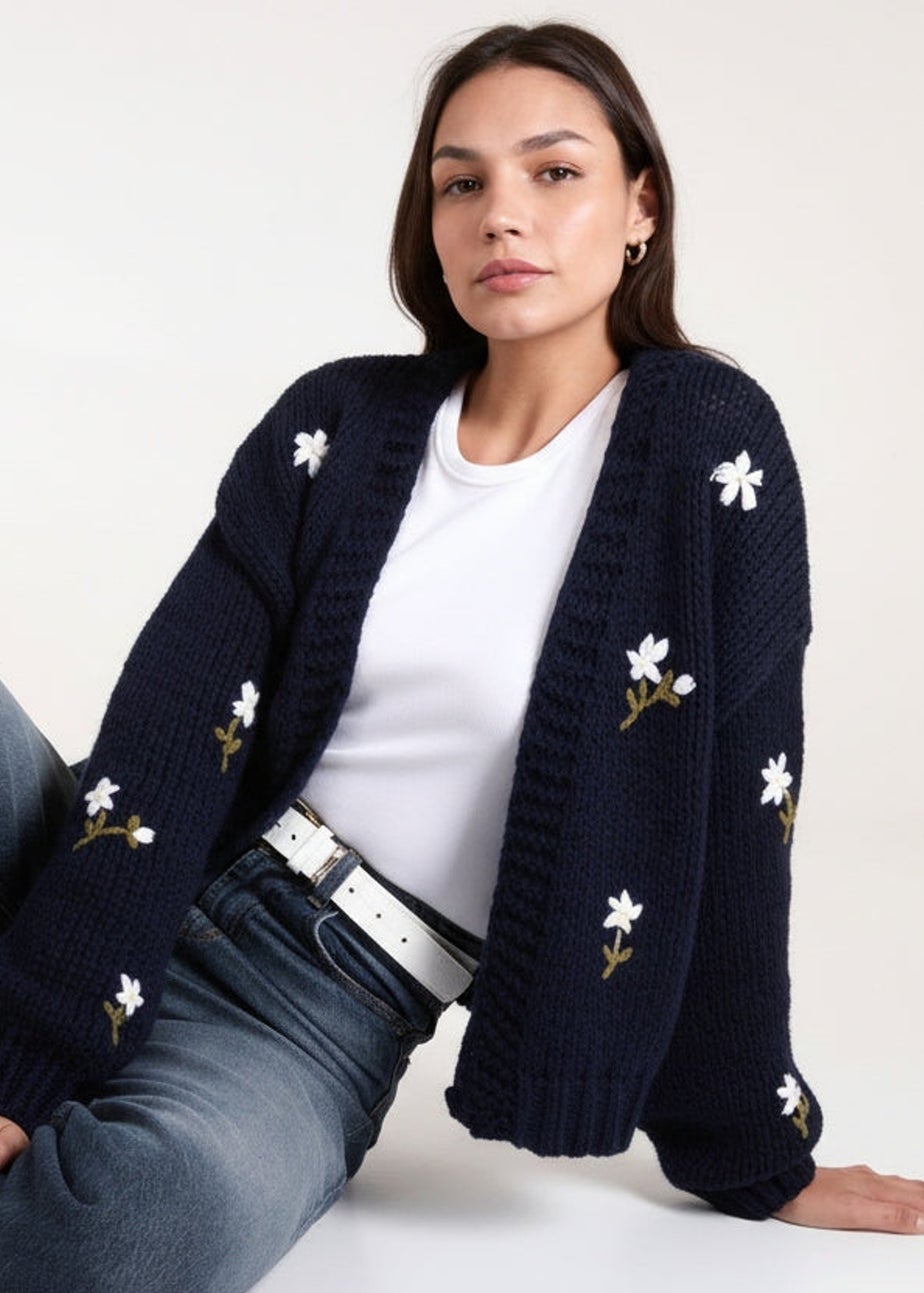 Blue Vanilla Navy Flower Embroidery Detailed Cardigan