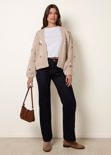 Blue Vanilla Stone Flower Embroidery Detailed Cardigan