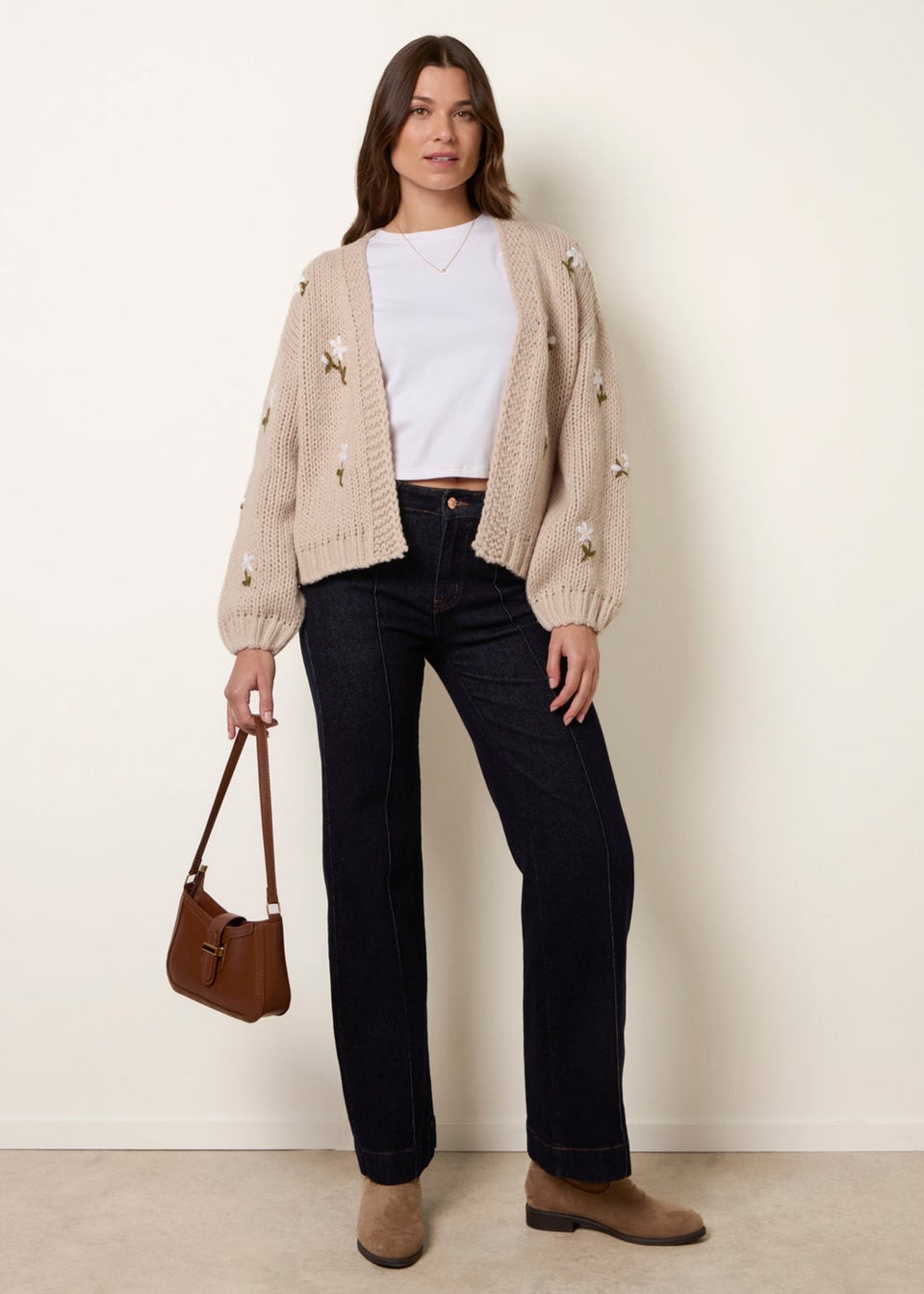 Blue Vanilla Stone Flower Embroidery Detailed Cardigan