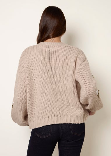 Blue Vanilla Stone Flower Embroidery Detailed Cardigan