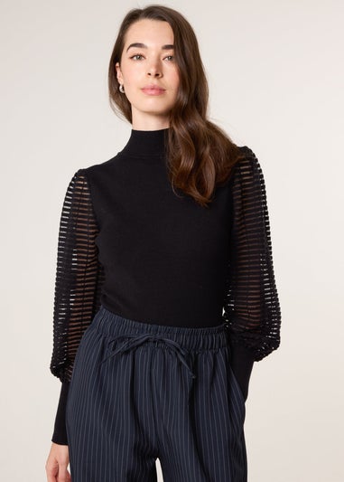 Blue Vanilla Black Semi-Sheer Mesh Panel Long Sleeve Jumper