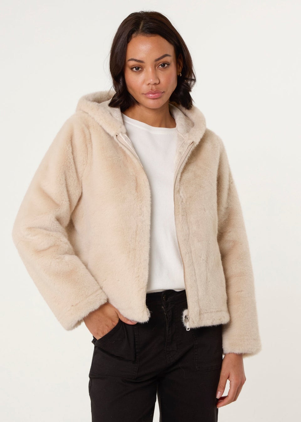 Blue Vanilla Beige Faux Fur Hooded Jacket