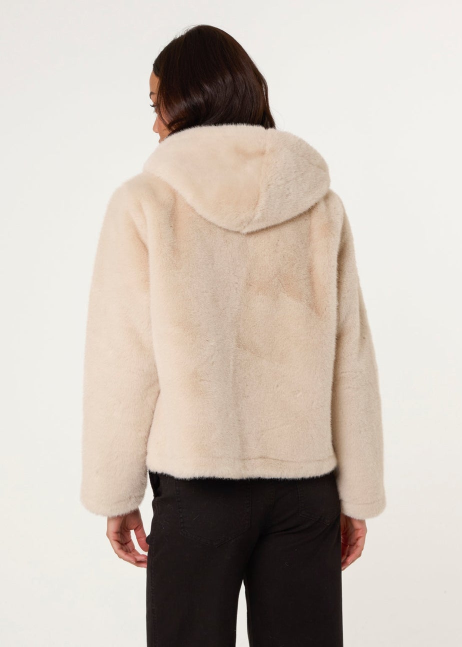 Blue Vanilla Beige Faux Fur Hooded Jacket