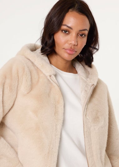 Blue Vanilla Beige Faux Fur Hooded Jacket