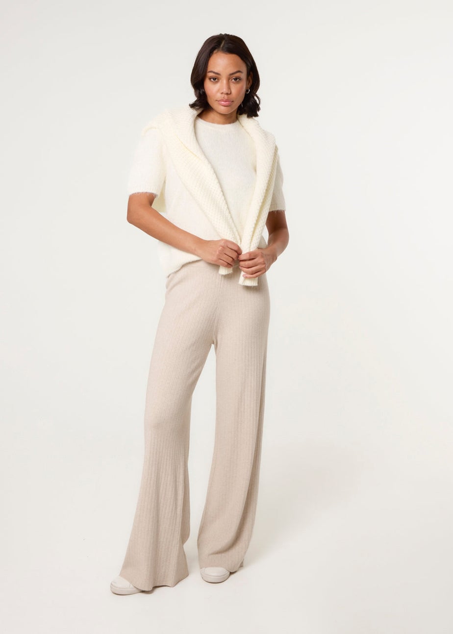 Blue Vanilla Beige Ribbed Wide Leg Trousers