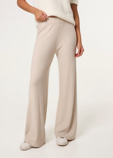 Blue Vanilla Beige Ribbed Wide Leg Trousers