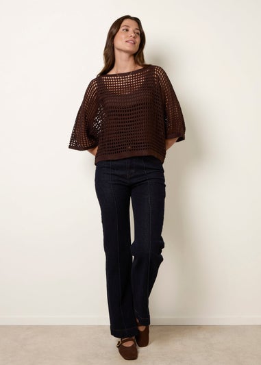 Blue Vanilla Brown Round Neck Net Top