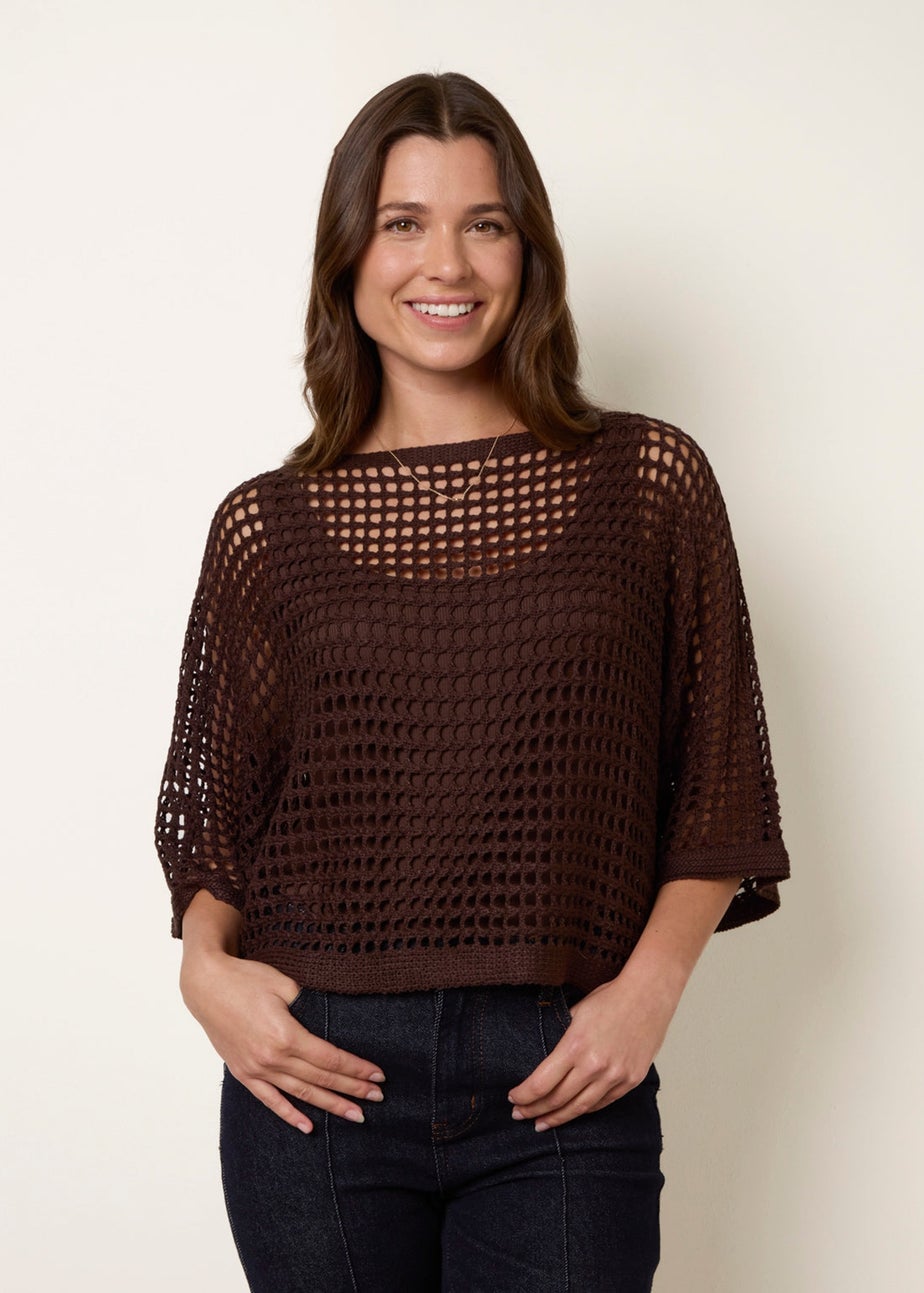 Blue Vanilla Brown Round Neck Net Top