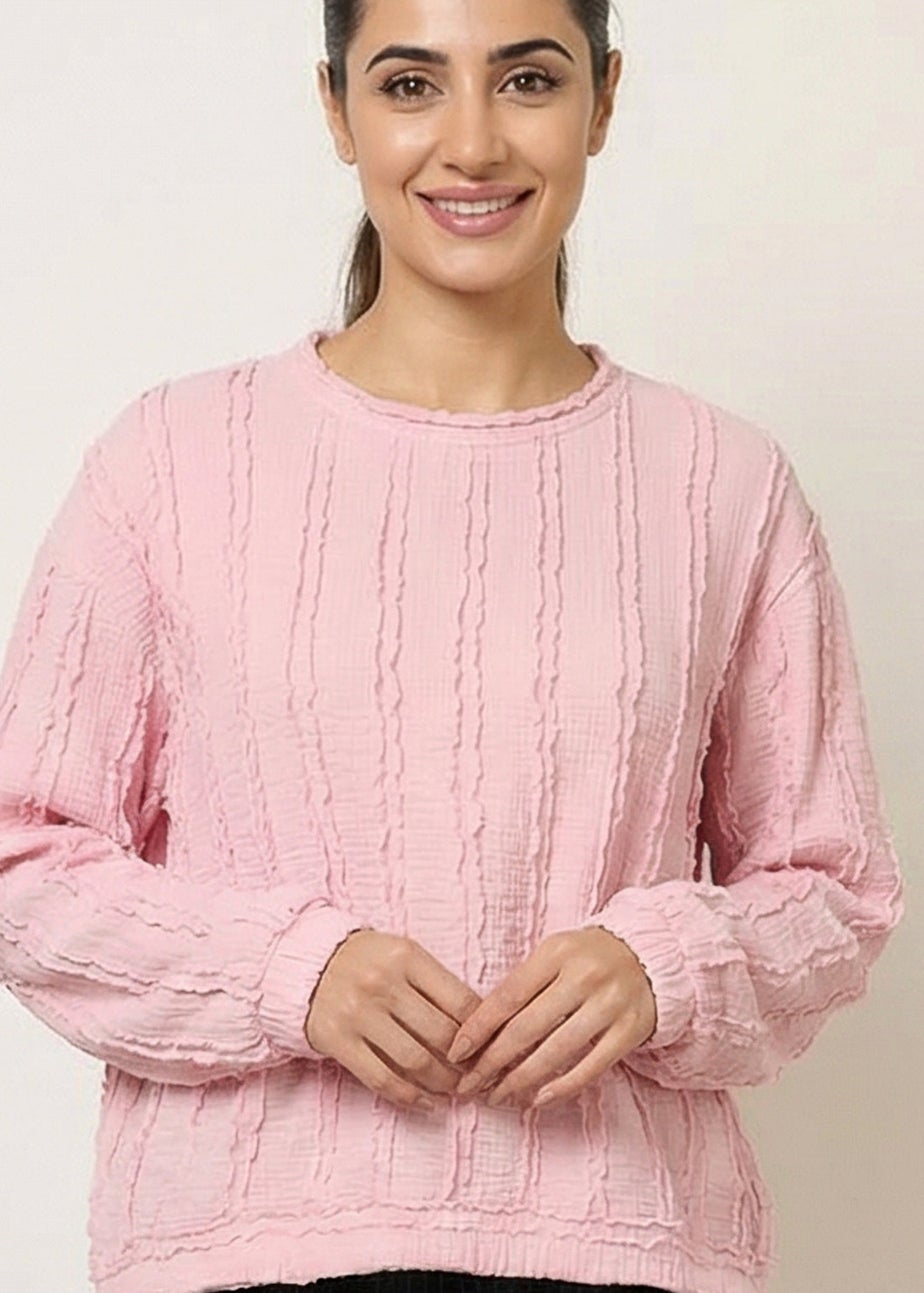 Blue Vanilla Pink Ruffle Detailed Sleeve Top