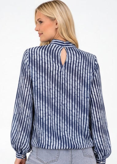 Blue Vanilla Navy Printed High Neck Puffball Blouse