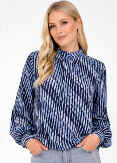 Blue Vanilla Navy Printed High Neck Puffball Blouse