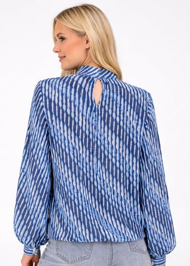Blue Vanilla Navy Printed High Neck Puffball Blouse
