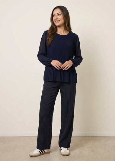 Blue Vanilla Navy Long Sleeve Pleated Top