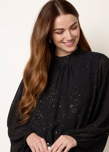 Blue Vanilla Black Metallic Sparkle Chiffon High Neck Puffball Top