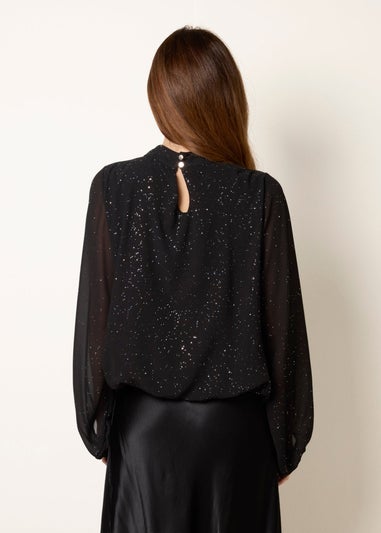 Blue Vanilla Black Metallic Sparkle Chiffon High Neck Puffball Top