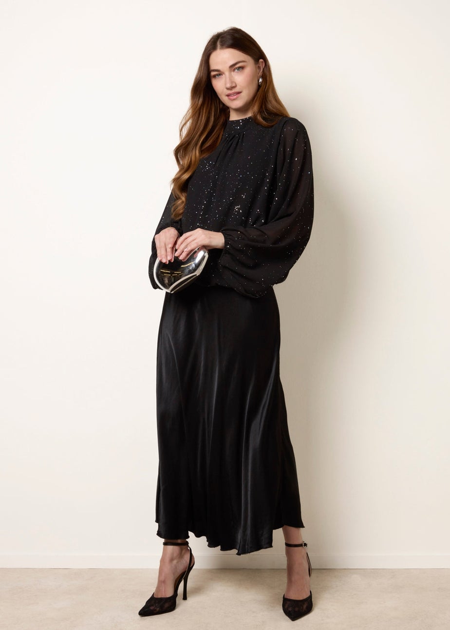 Blue Vanilla Black Metallic Sparkle Chiffon High Neck Puffball Top