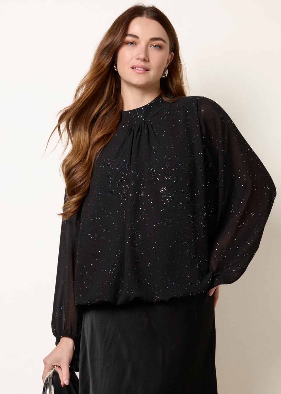 Blue Vanilla Black Metallic Sparkle Chiffon High Neck Puffball Top